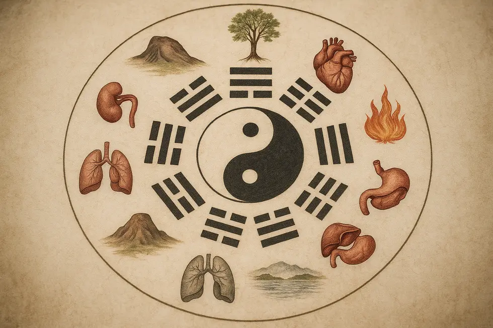 Página del I Ching mostrando los trigramas 八卦 y su conexión con el yin-yang.