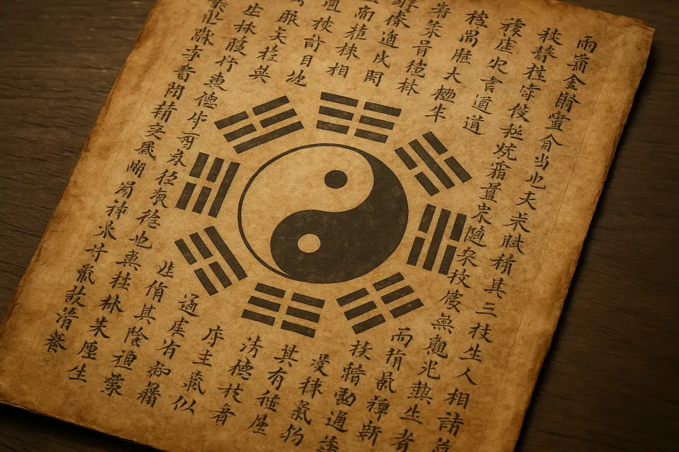 Página del I Ching mostrando los trigramas 八卦 y su conexión con el yin-yang.